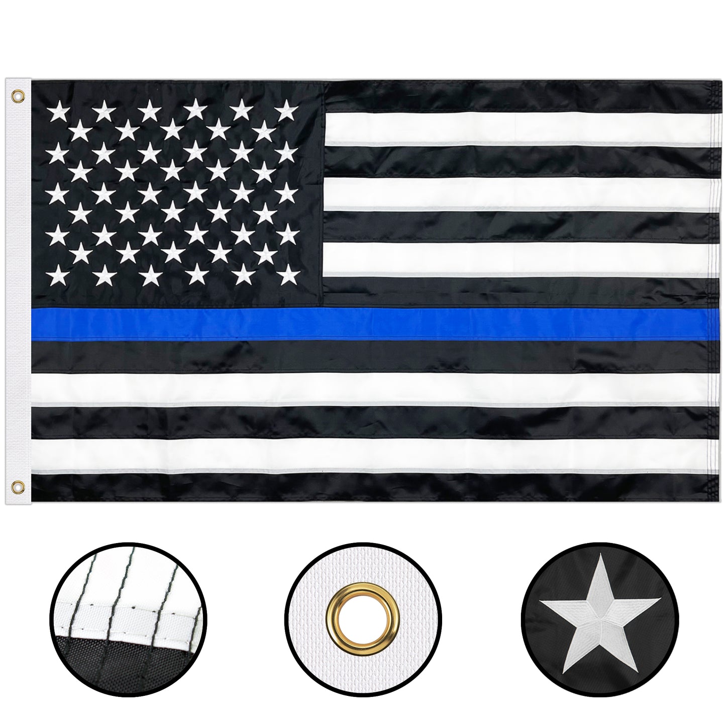 Thin Blue Line Police Flag 3x5 ft Embroidered Outdoor Blue Lives Matter Heavy Duty Enforcement Officer Flags Durable Double Stitched UV Protected