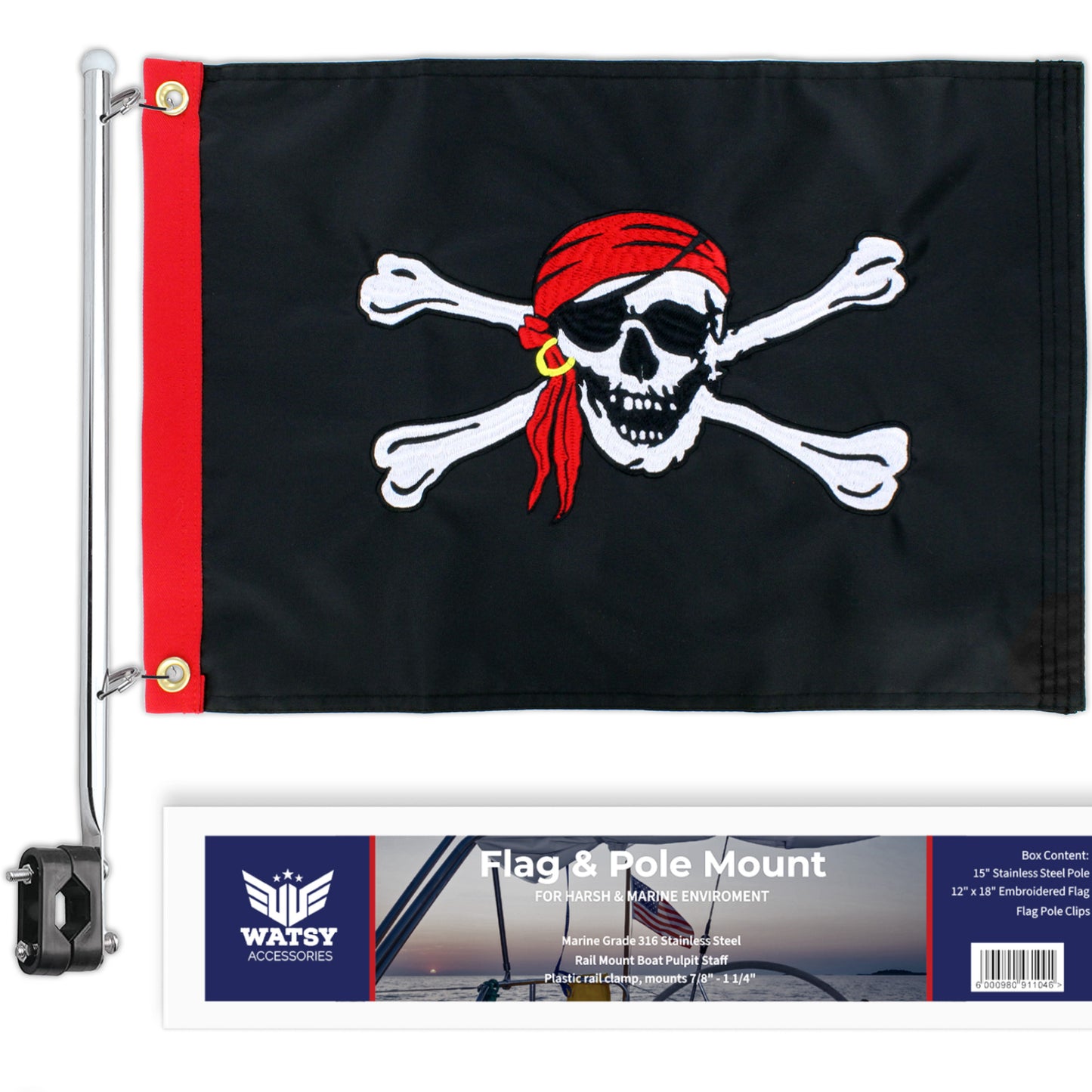 Pirate Skull Boat Flag With Pole Kit 12" x 18" Cabin Waterproof Embroidered Marine & Golf Cart Flags