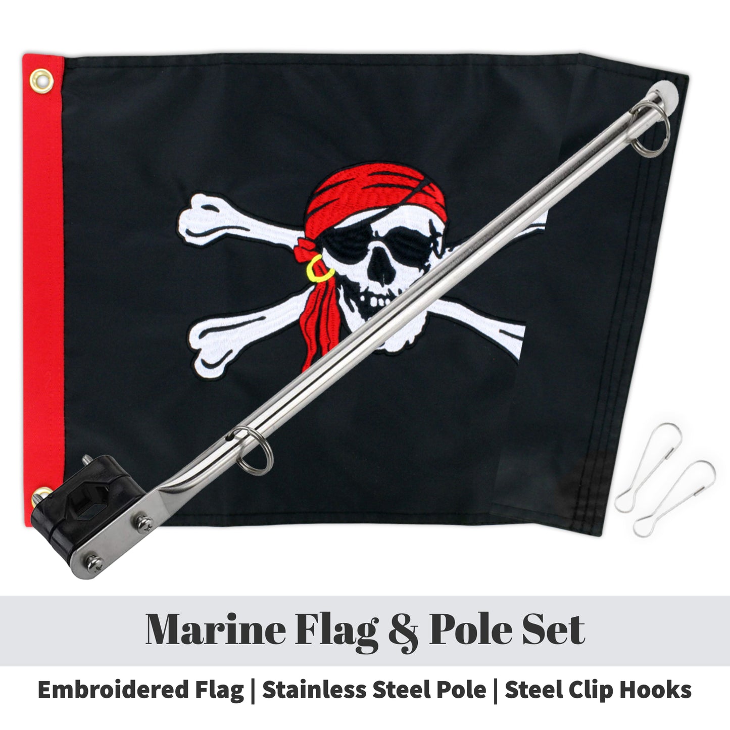 Pirate Skull Boat Flag With Pole Kit 12" x 18" Cabin Waterproof Embroidered Marine & Golf Cart Flags