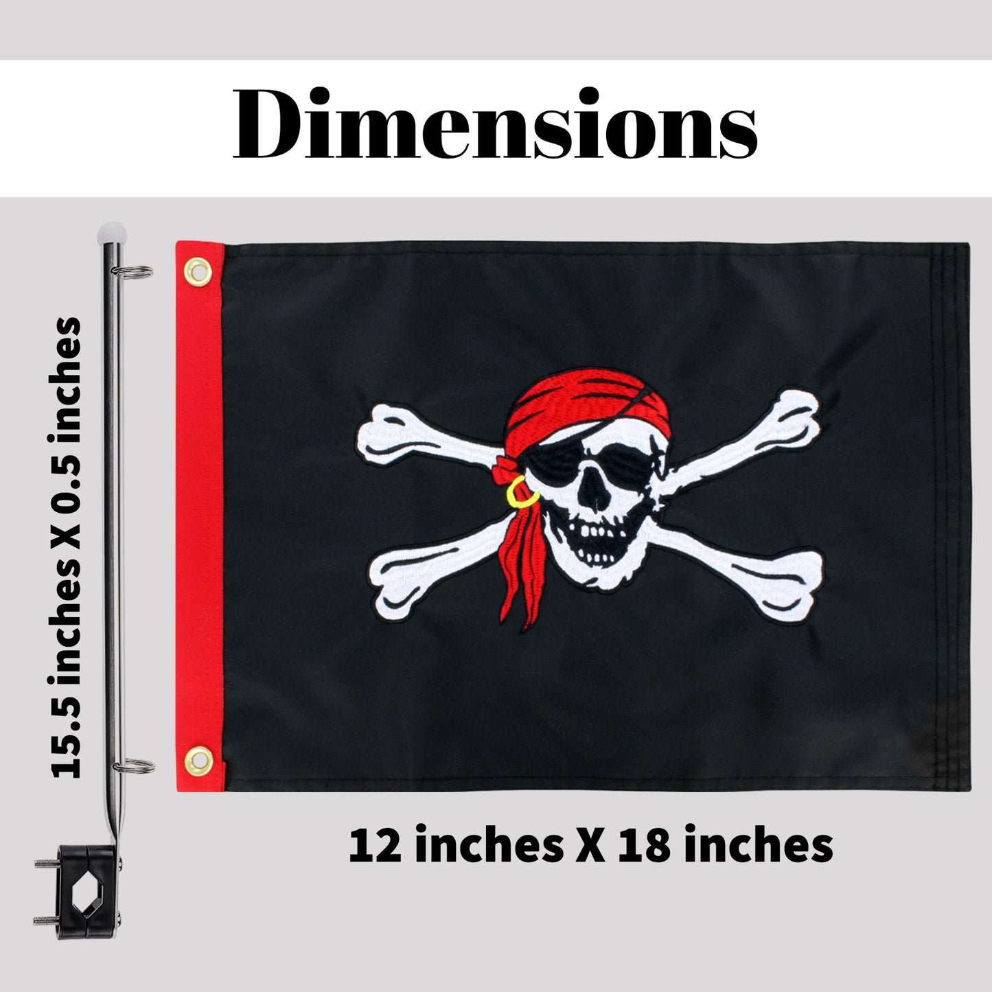 Pirate Skull Boat Flag With Pole Kit 12" x 18" Cabin Waterproof Embroidered Marine & Golf Cart Flags