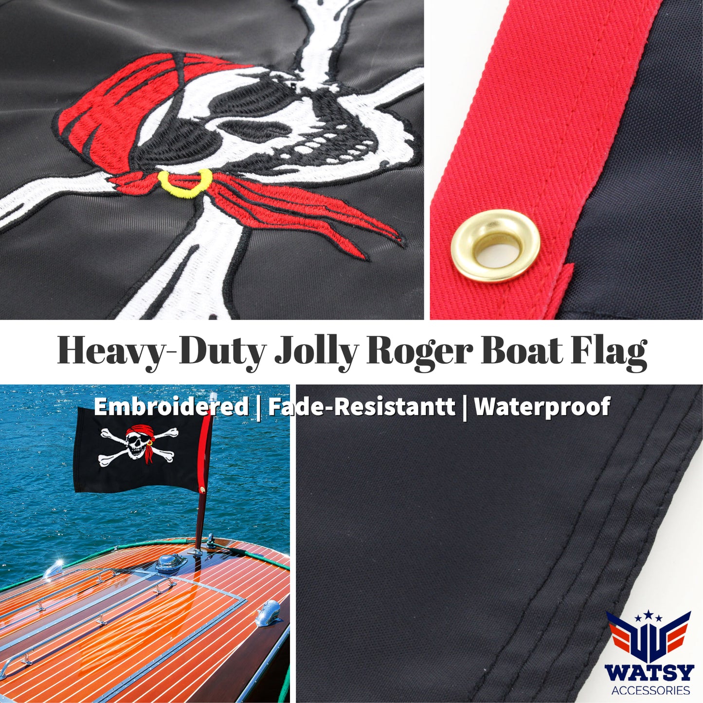 Pirate Skull Boat Flag With Pole Kit 12" x 18" Cabin Waterproof Embroidered Marine & Golf Cart Flags