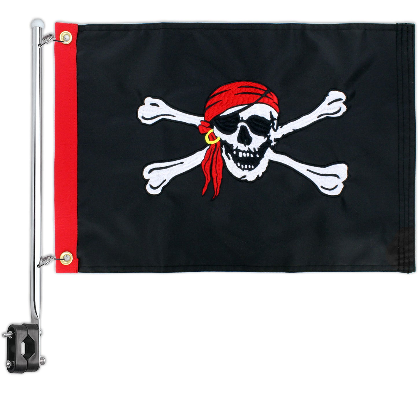 Pirate Skull Boat Flag With Pole Kit 12" x 18" Cabin Waterproof Embroidered Marine & Golf Cart Flags