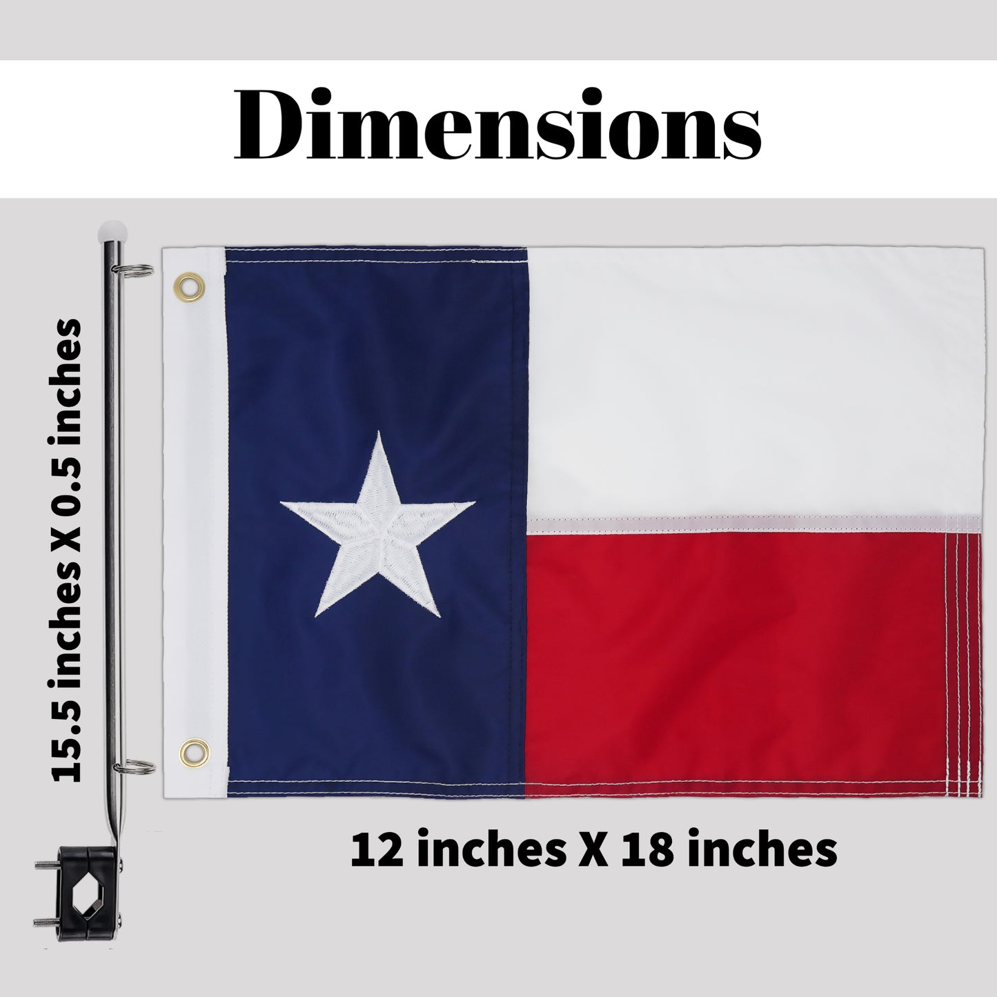 Texas State Boat Flag With Pole Kit 12" x 18" Cabin Waterproof Embroidered Marine & Golf Cart Flags