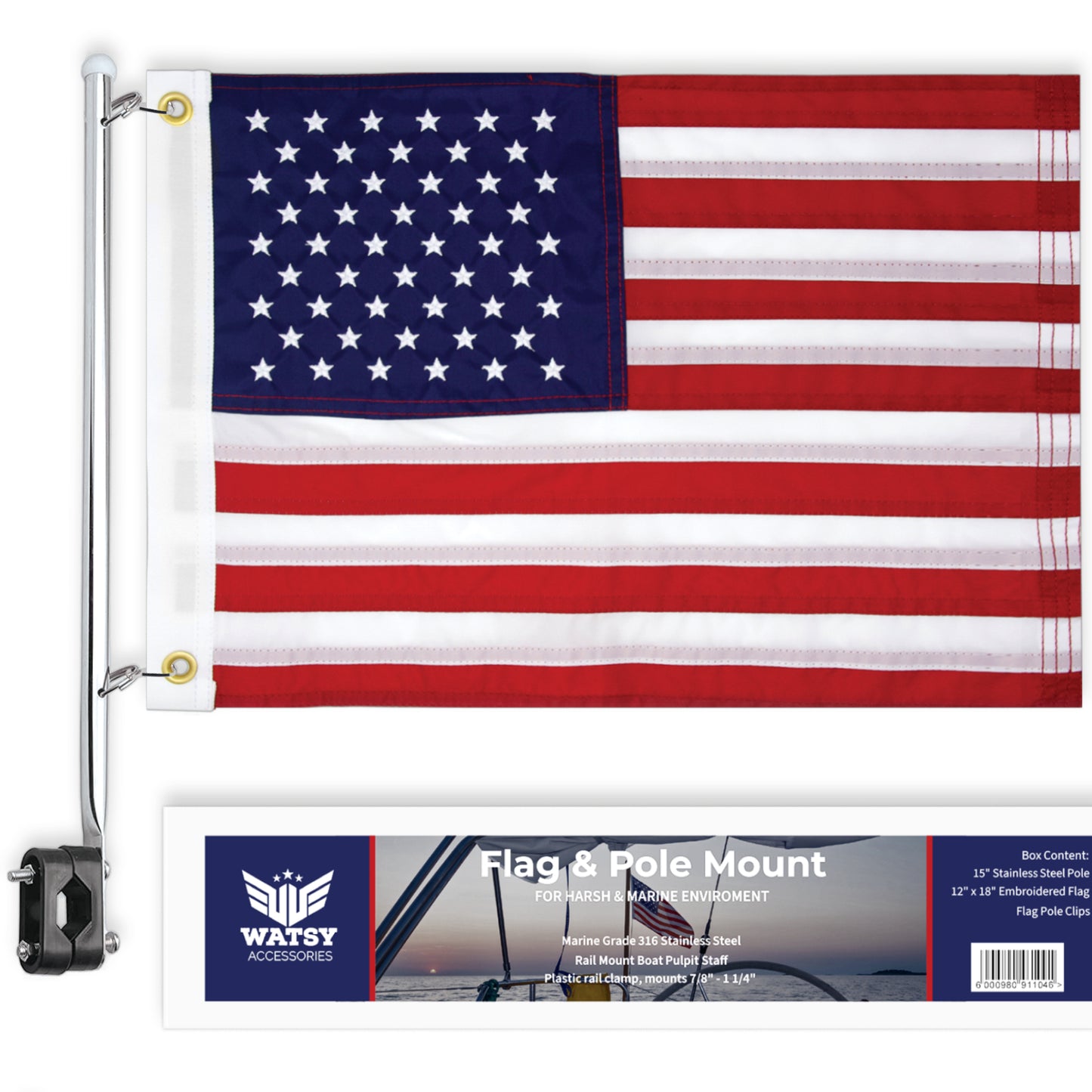 American USA Boat Flag With Pole Kit 12" x 18" Cabin Waterproof Embroidered Marine & Golf Cart Flags