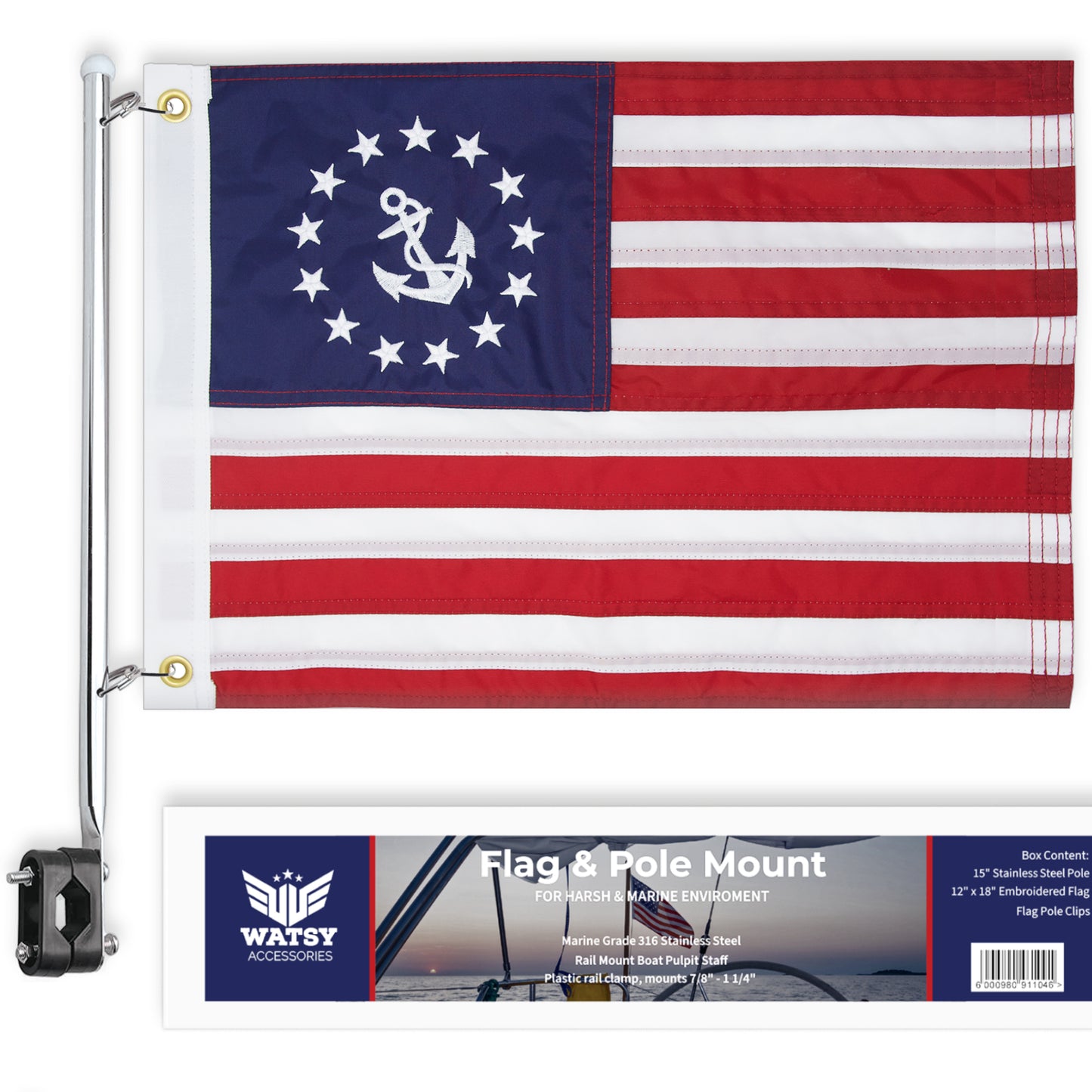 American US Yacht Ensign Boat Flag With Pole Kit 12" x 18" Nautical Cabin Waterproof Embroidered Marine & Golf Cart Flags