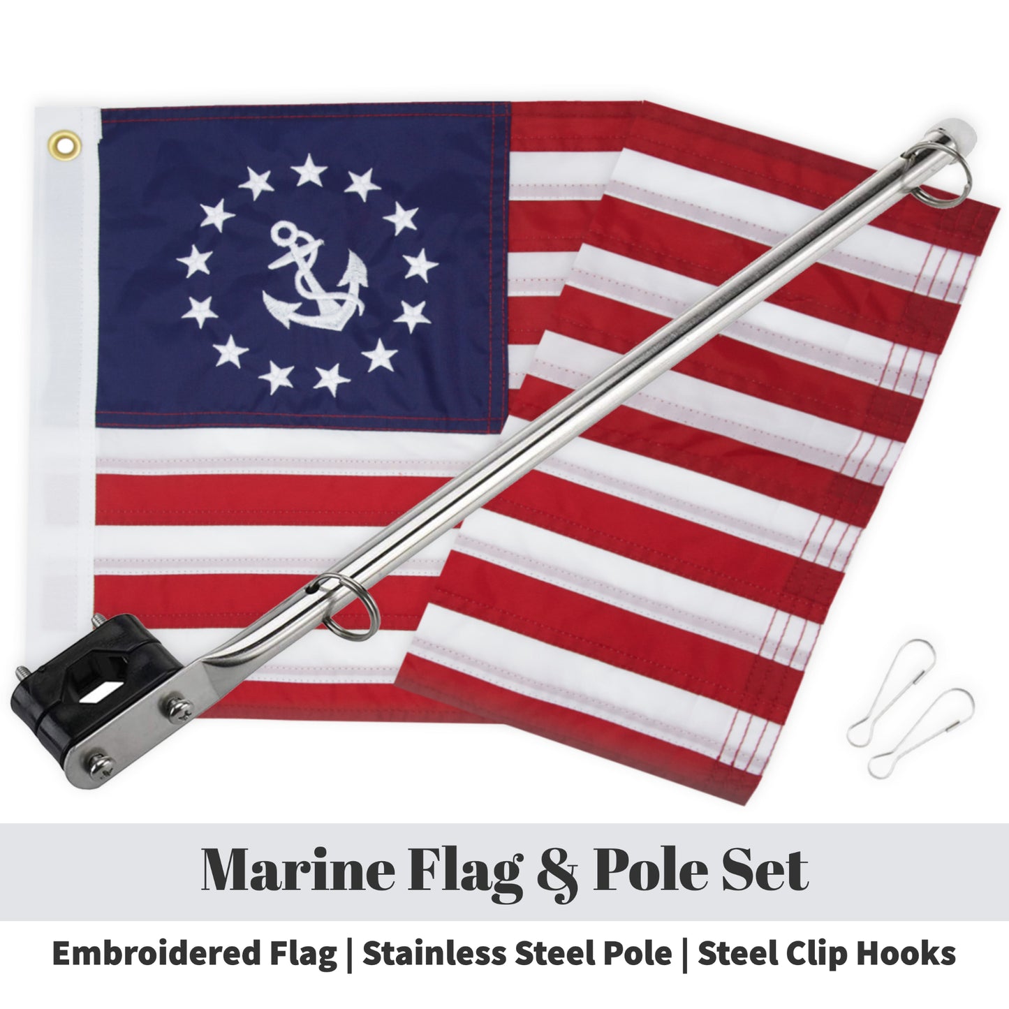 American US Yacht Ensign Boat Flag With Pole Kit 12" x 18" Nautical Cabin Waterproof Embroidered Marine & Golf Cart Flags