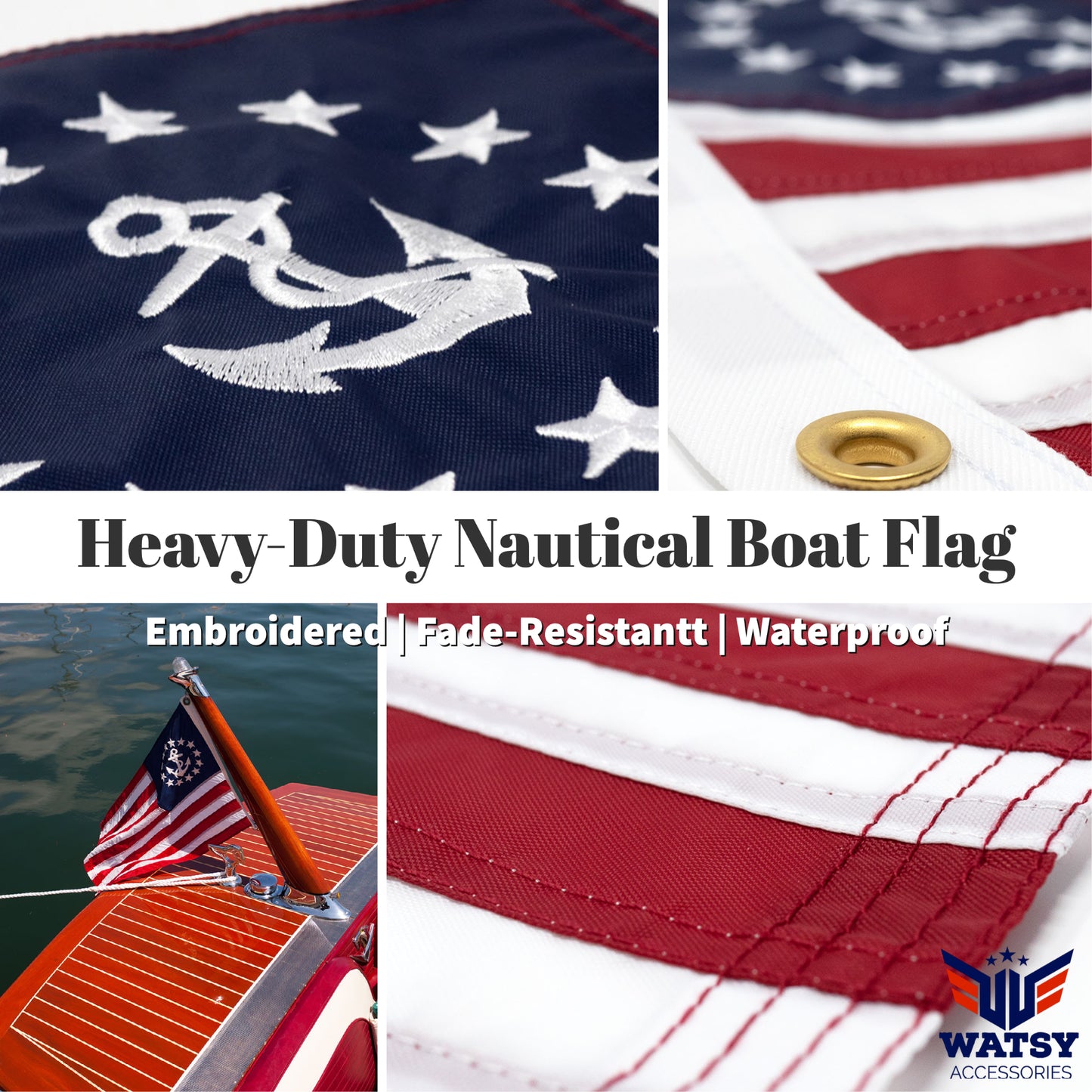 American US Yacht Ensign Boat Flag With Pole Kit 12" x 18" Nautical Cabin Waterproof Embroidered Marine & Golf Cart Flags
