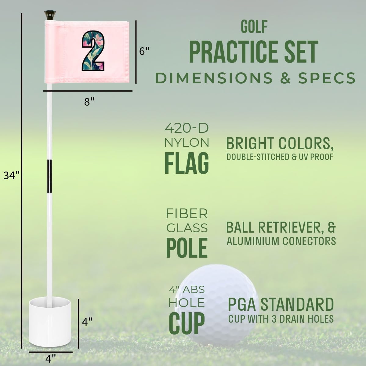 Golf Practice Pin Flags with USA Numbers, 8x6 Inch, Set of 3, Includes 3-ft Fiberglass Flagstick, Ball Retriever, 4-Inch Hole Cup (Numbered Set of 3)