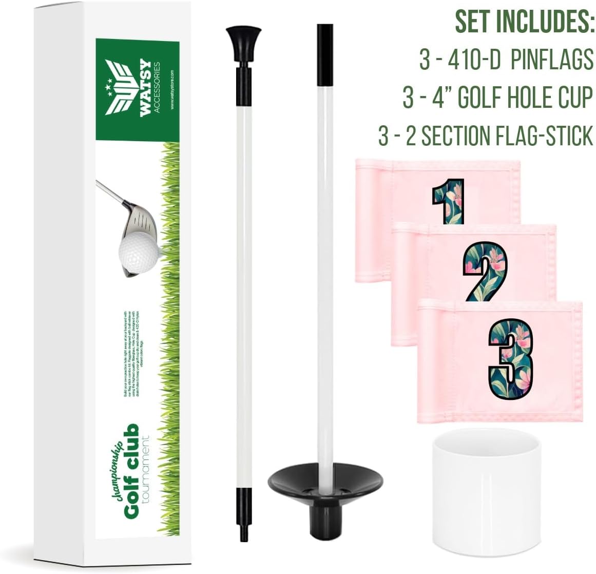Golf Practice Pin Flags with USA Numbers, 8x6 Inch, Set of 3, Includes 3-ft Fiberglass Flagstick, Ball Retriever, 4-Inch Hole Cup (Numbered Set of 3)