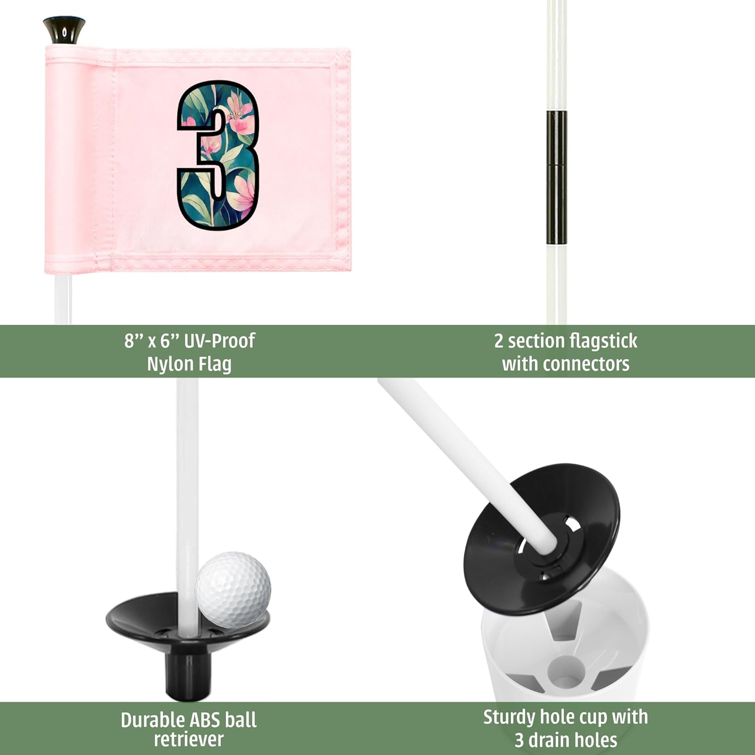 Golf Practice Pin Flags with USA Numbers, 8x6 Inch, Set of 3, Includes 3-ft Fiberglass Flagstick, Ball Retriever, 4-Inch Hole Cup (Numbered Set of 3)