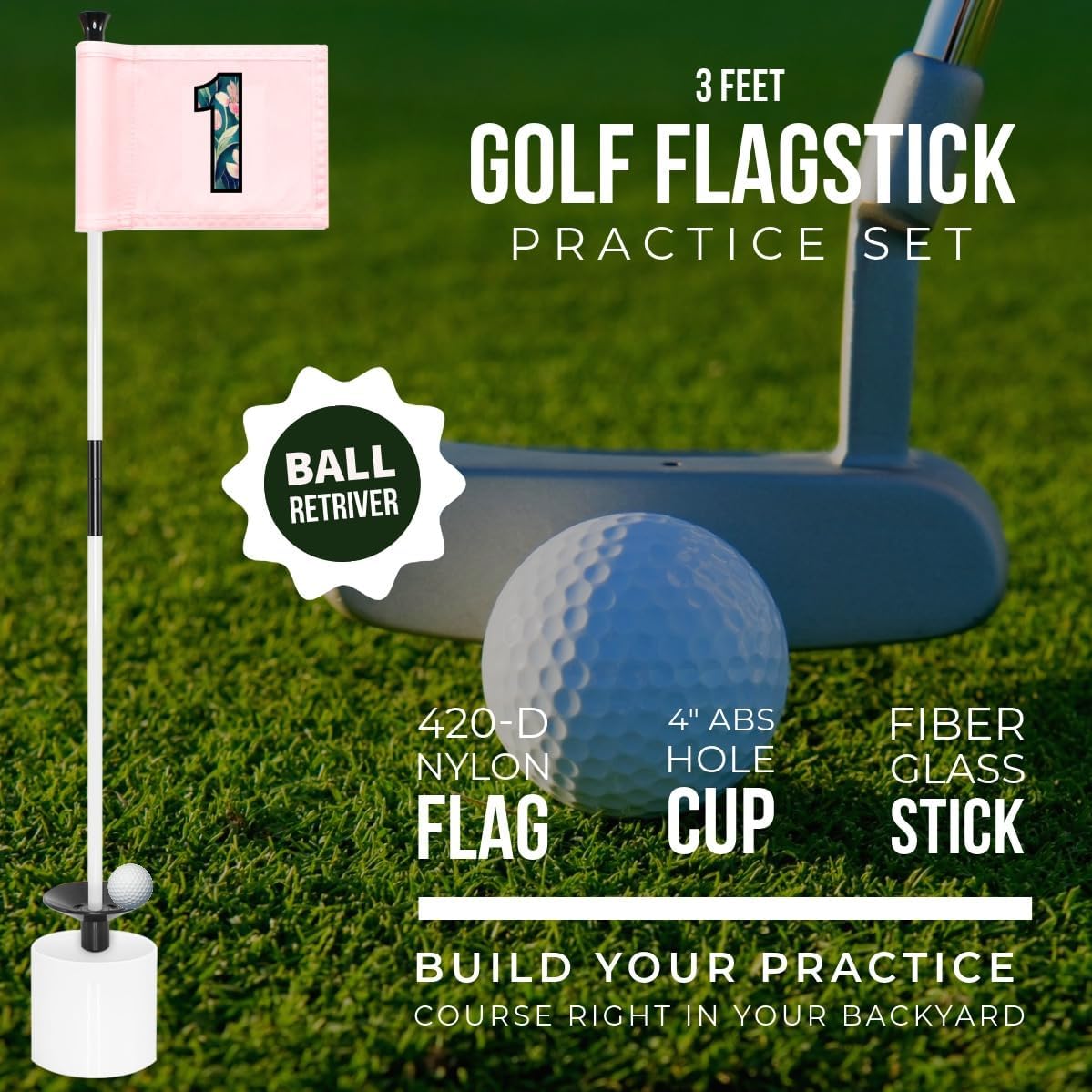 Golf Practice Pin Flags with USA Numbers, 8x6 Inch, Set of 3, Includes 3-ft Fiberglass Flagstick, Ball Retriever, 4-Inch Hole Cup (Numbered Set of 3)