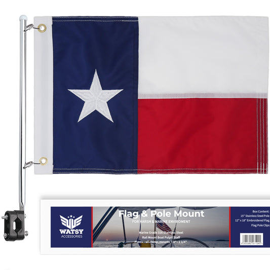 Texas State Boat Flag With Pole Kit 12" x 18" Cabin Waterproof Embroidered Marine & Golf Cart Flags