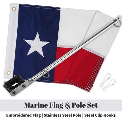 Texas State Boat Flag With Pole Kit 12" x 18" Cabin Waterproof Embroidered Marine & Golf Cart Flags