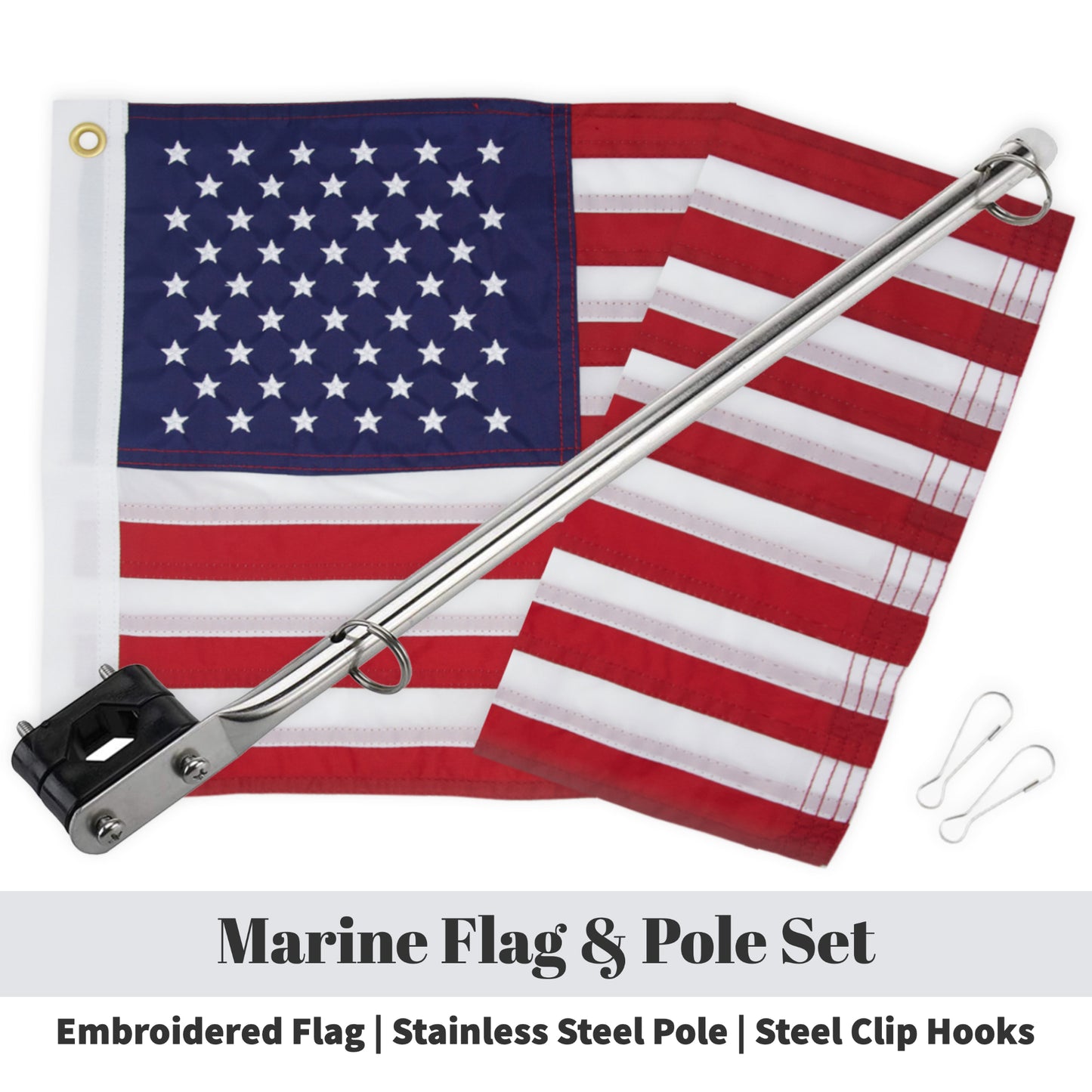 American USA Boat Flag With Pole Kit 12" x 18" Cabin Waterproof Embroidered Marine & Golf Cart Flags